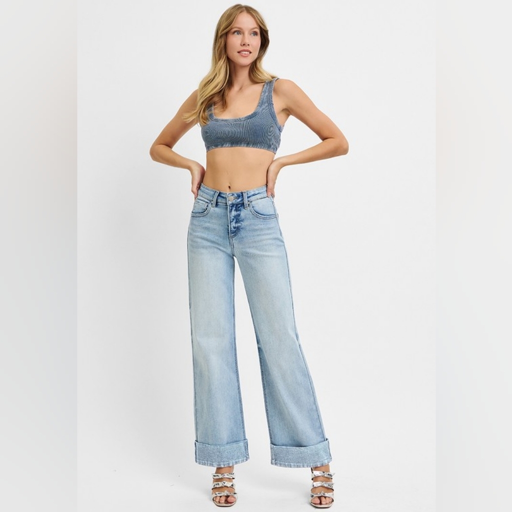 RISEN High-Rise Tummy Control Waist Pants Wide Leg Crop Cuffed Hem Denim Jeans - Picture 4 of 13